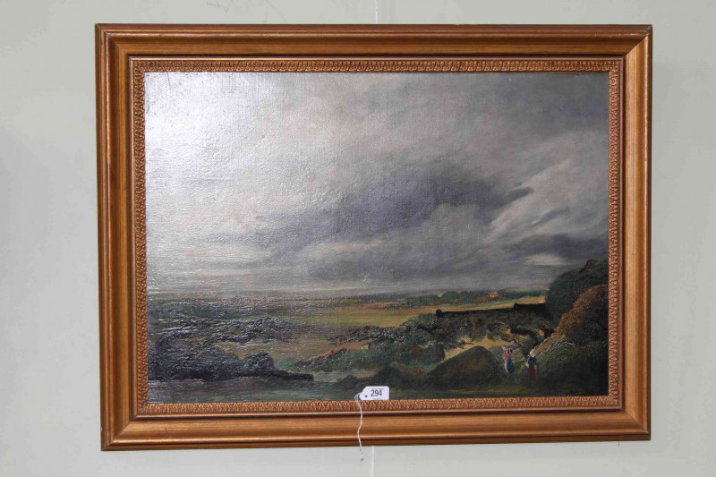 S. Brough, pair figures in extensive landscape, oil on board, signed lower right, 52.5cm by 74cm, in gilt frame