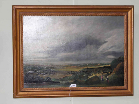 S. Brough, pair figures in extensive landscape, oil on board, signed lower...