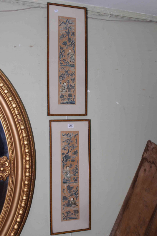 Pair framed Chinese silks depicting figures in gardens