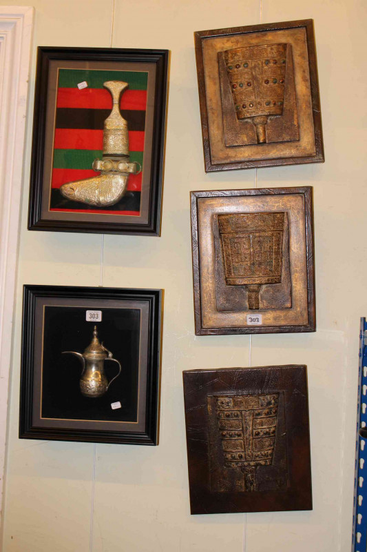Three wall plaques, framed Eastern dagger and vessel (5)