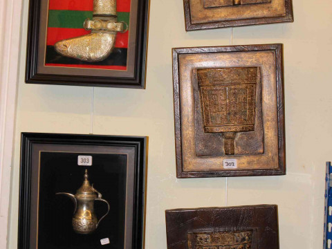 Three wall plaques, framed Eastern dagger and vessel (5)