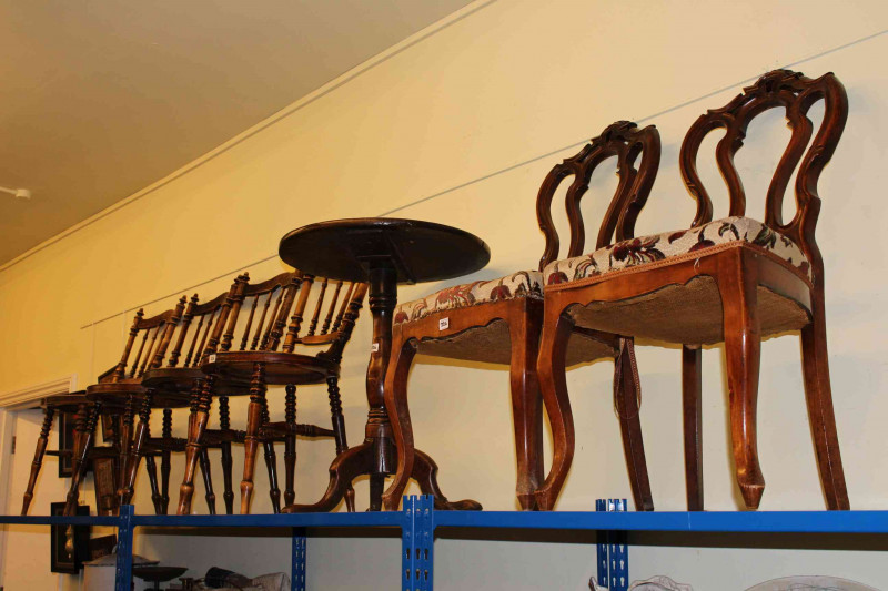 Set of four Victorian Ibex kitchen chairs, Georgian mahogany tripod occasional table and pair Victorian parlour chairs (7)
