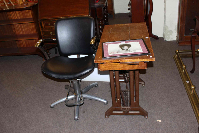 Adjustable swivel barbers chair, Singer cast base treadle sewing machine, signed photograph of Elizabeth Taylor and two signs (5)