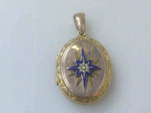 Victorian Gold, Seed Pearl and Blue Enamel Pendant Locket, Unmarked but...