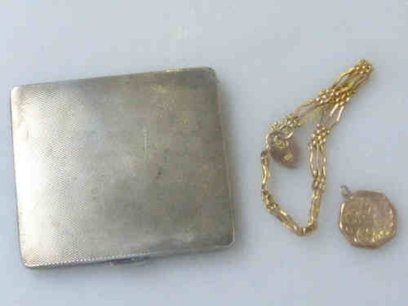 9ct Gold Bracelet (6.4grams), Silver Cigarette Case (3.2 troy ozs) and a Locket with 9ct Gold Front and Back (3)