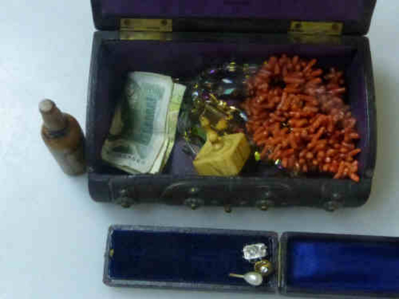 19th Century Needle Case in the Form of a Bottle of Whisky, with Label; Three Victorian Pins, 19th Century Bone Spinning Dice etc