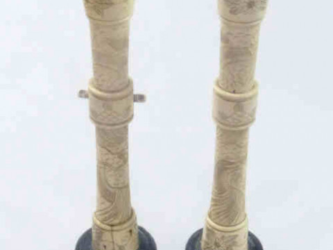 Pair of Oriental Carved Ivory/Bone Candlesticks
