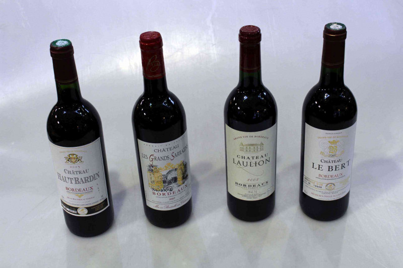 Ten bottles of wine including Chateau Laulion Bordeaux, Chateau le Bert Bordeaux, Chateau Hautbardin Bordeaux and Chateau les Grands Sarrazins