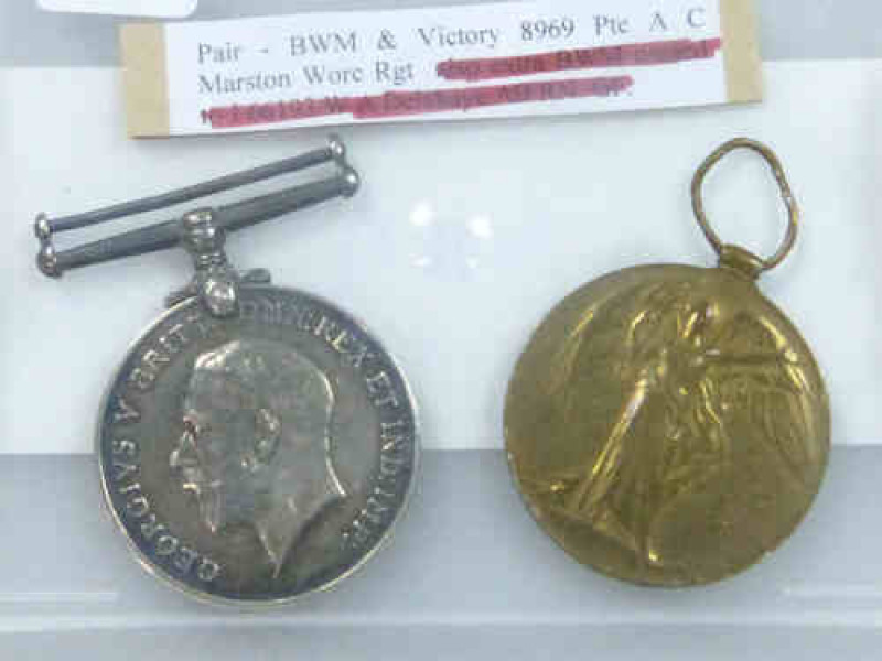 Pair BWM and Victory Medals for 8969 Pte A C Marston Worc. Rgt.