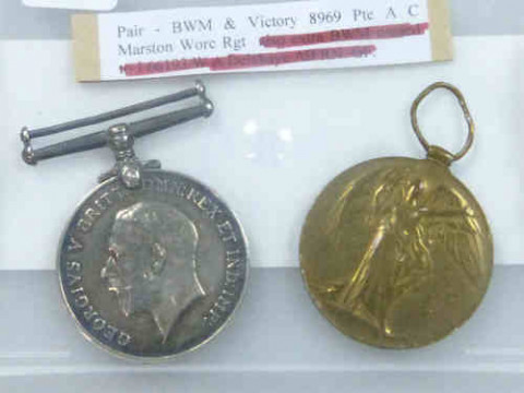 Pair BWM and Victory Medals for 8969 Pte A C Marston Worc. Rgt.