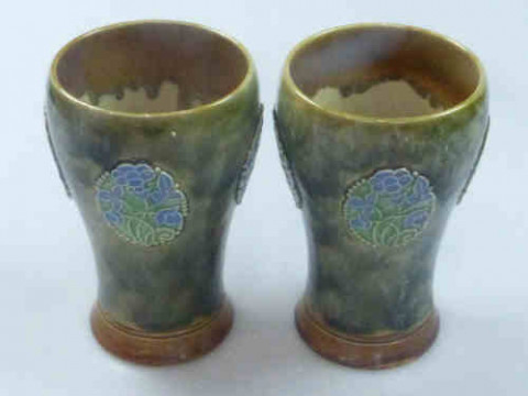 Pair Royal Doulton Green Glazed Stoneware Vases, having foliate panels