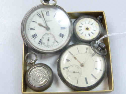 Two Gents Silver Pocket Watches, Silver Fob Watch and Silver Sovereign...