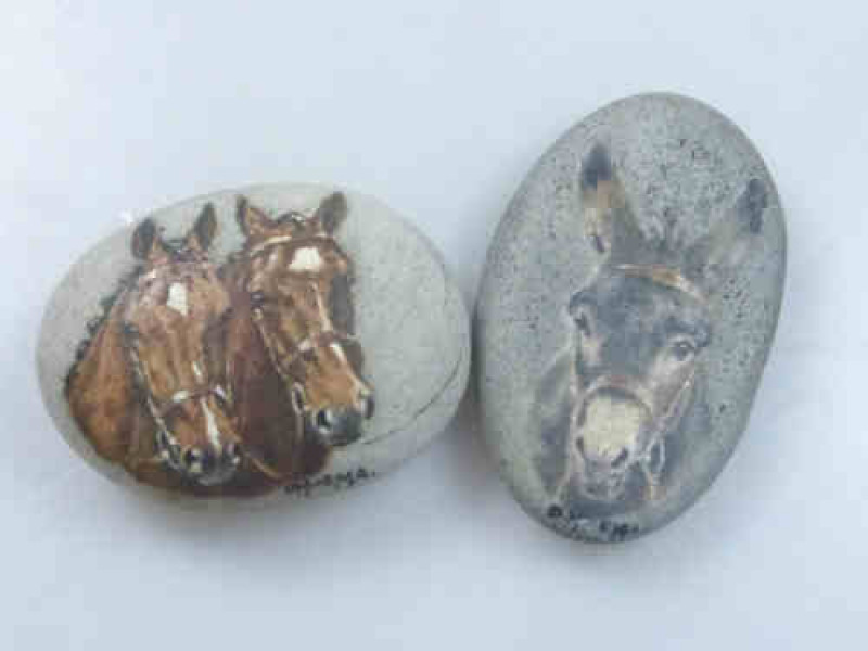Two DM & EM Alderson Horse and Donkey Painted Pebbles