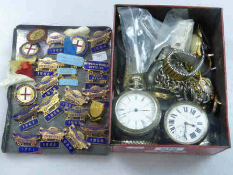 OXO Tin with Collection of Watches (some silver), and, News of the World Badges