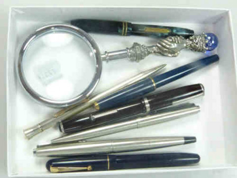 Box with Fountain Pens and Magnifying Glass