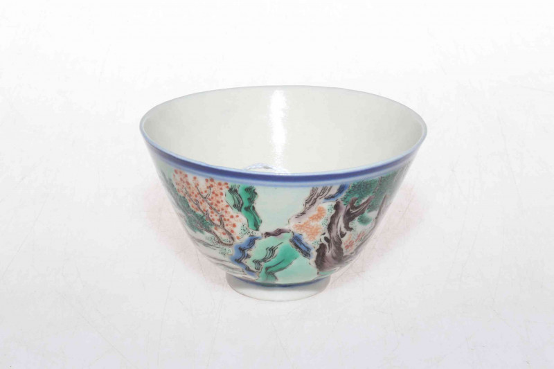 19th Century Chinese tea bowl decorated with rural scene to the outside, 6cm high by 10cm diameter.