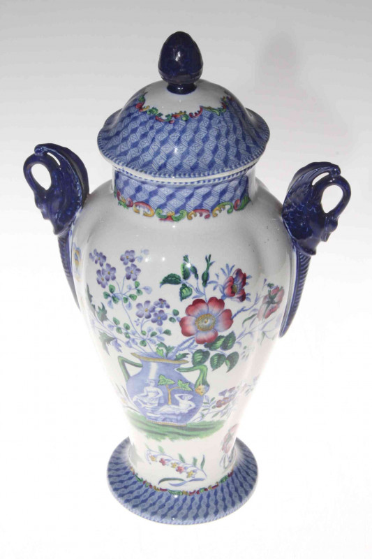 Copeland Spode two handle vase and cover having printed and painted mostly blue and white foliate decoration, 31cm.