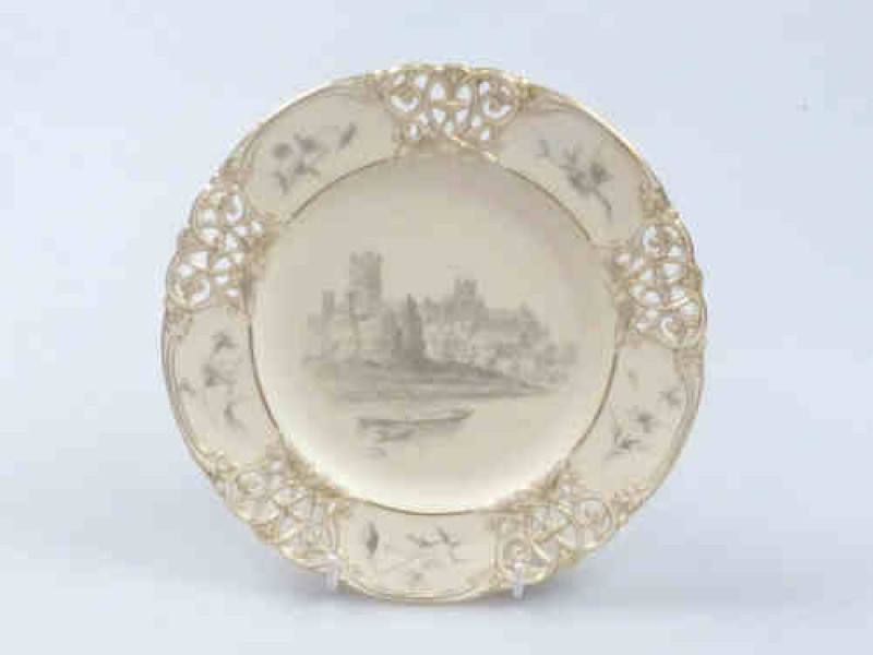 Royal Worcester Pierced Plate, printed with Salisbury Cathedral on ivory ground