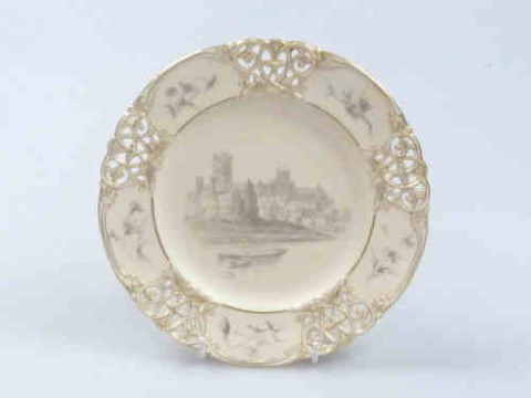 Royal Worcester Pierced Plate, printed with Salisbury Cathedral on ivory...