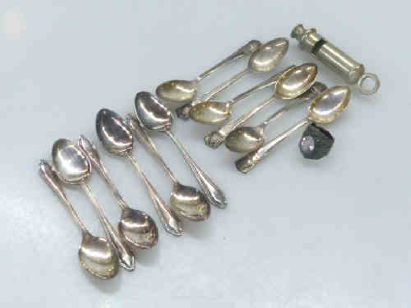 Six Silver Teaspoons, Six Silver Plated Teaspoons, Whistle and Ring