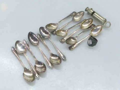 Six Silver Teaspoons, Six Silver Plated Teaspoons, Whistle and Ring