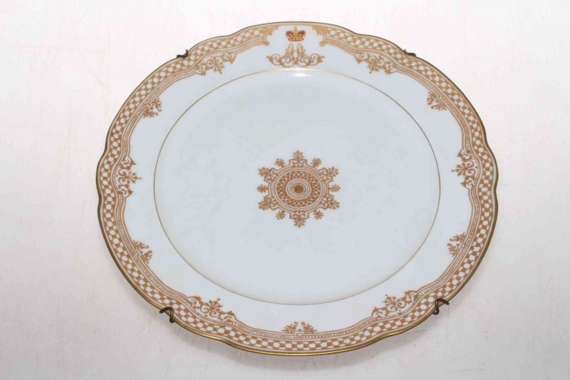 Continental porcelain service dinner plate bearing coronet and monogram, green mark possibly Russian, 24.5cm diameter.