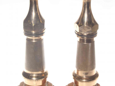 Pair brass hose nozzle table lamps, made from old nozzles stamped NCB,...
