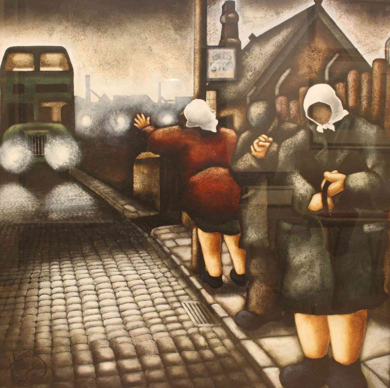 Lou Harris (British living artist working in the North East of England), 'The Late Bus Cometh', signed lower left, acrylic, framed under glass, overall 113cm by 113cm.