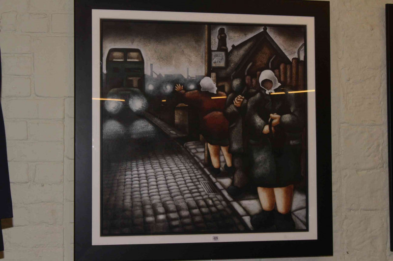 Lou Harris (British living artist working in the North East of England), 'The Late Bus Cometh', signed lower left, acrylic, framed under glass, overall 113cm by 113cm.