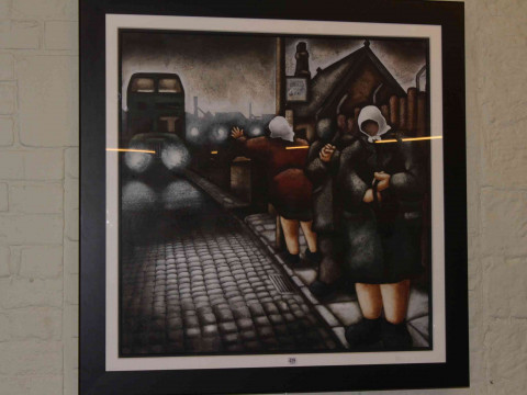 Lou Harris (British living artist working in the North East of England), 'The Late Bus Cometh', signed lower left, acrylic, framed under glass, overall 113cm by 113cm. thumbnail