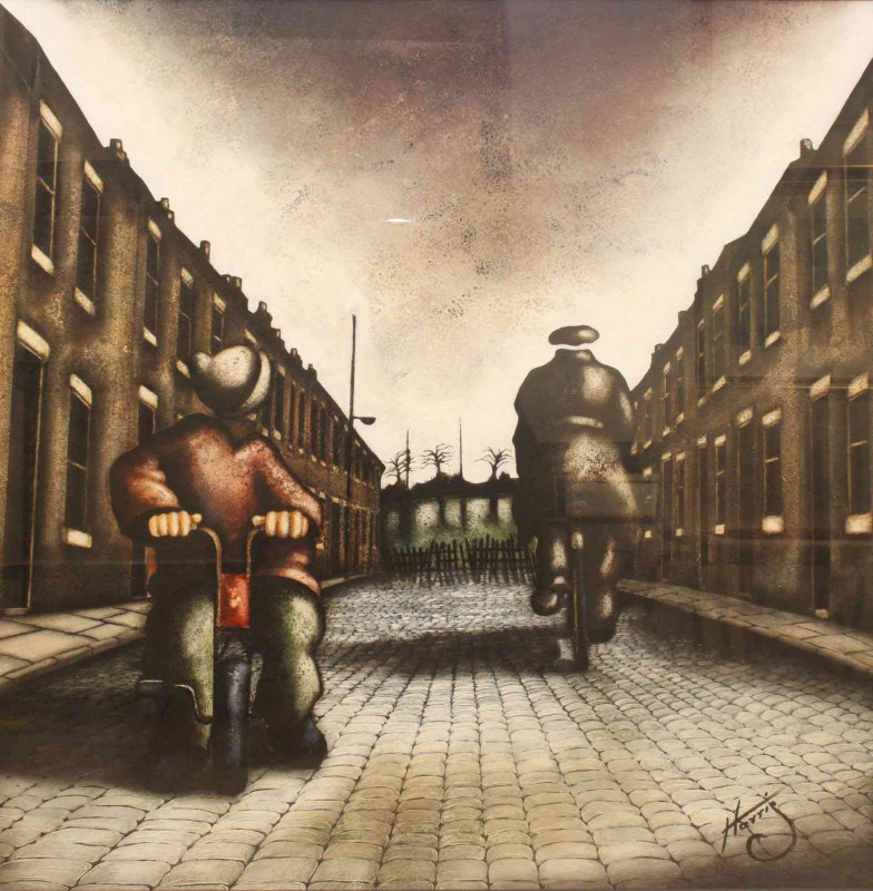 Lou Harris (British living artist working in the North East of England), 'The Big Boys Bike', signed lower right, acrylic, framed under glass, overall 112cm by 112cm.