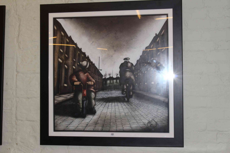 Lou Harris (British living artist working in the North East of England), 'The Big Boys Bike', signed lower right, acrylic, framed under glass, overall 112cm by 112cm.
