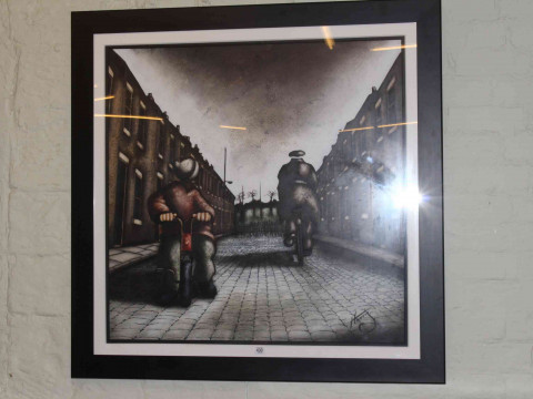 Lou Harris (British living artist working in the North East of England), 'The Big Boys Bike', signed lower right, acrylic, framed under glass, overall 112cm by 112cm. thumbnail