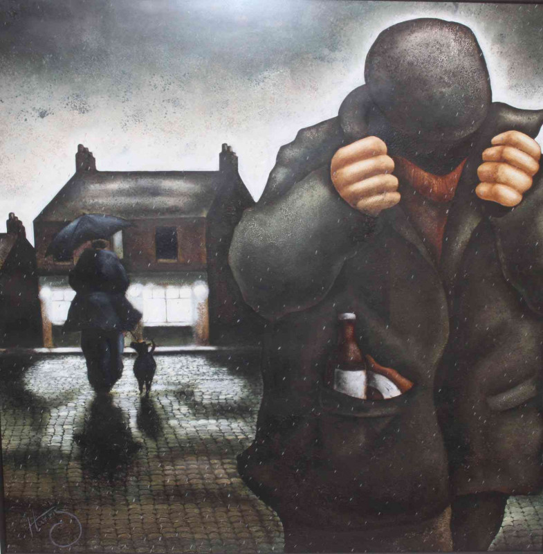 Lou Harris (British living artist working in the North East of England), 'Hunter Gatherer', signed lower right, acrylic, framed under glass, overall 112cm by 112cm.