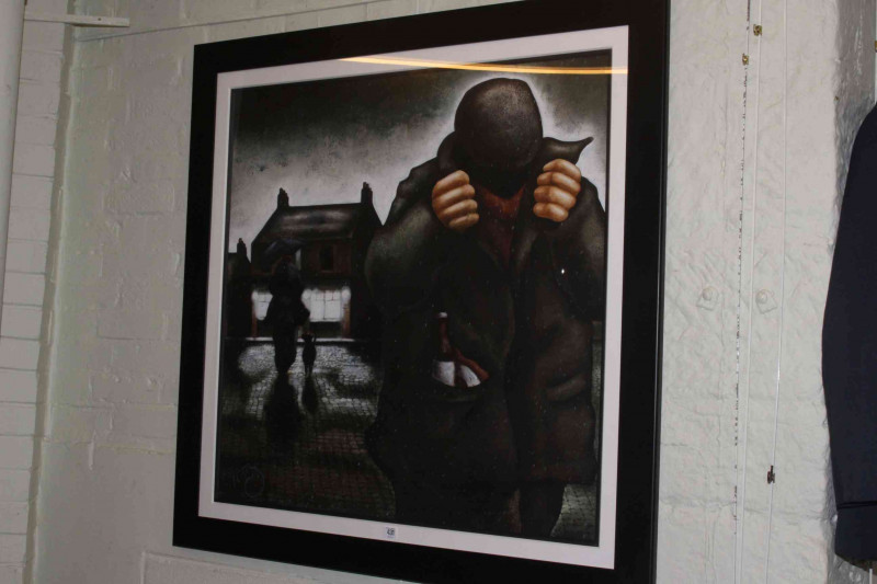 Lou Harris (British living artist working in the North East of England), 'Hunter Gatherer', signed lower right, acrylic, framed under glass, overall 112cm by 112cm.