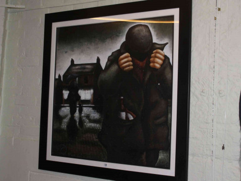 Lou Harris (British living artist working in the North East of England), 'Hunter Gatherer', signed lower right, acrylic, framed under glass, overall 112cm by 112cm. thumbnail