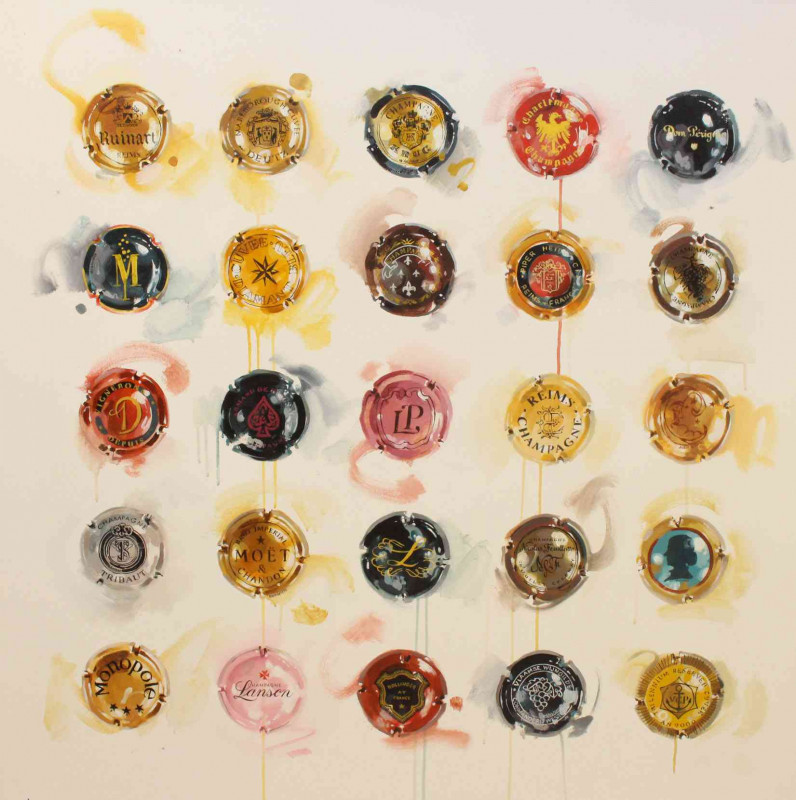 James Paterson (British living artist, b. 1977 in Darlington), 'Champagne, A Study of 25 Bottle Tops', acrylic, framed, canvas 122cm square.