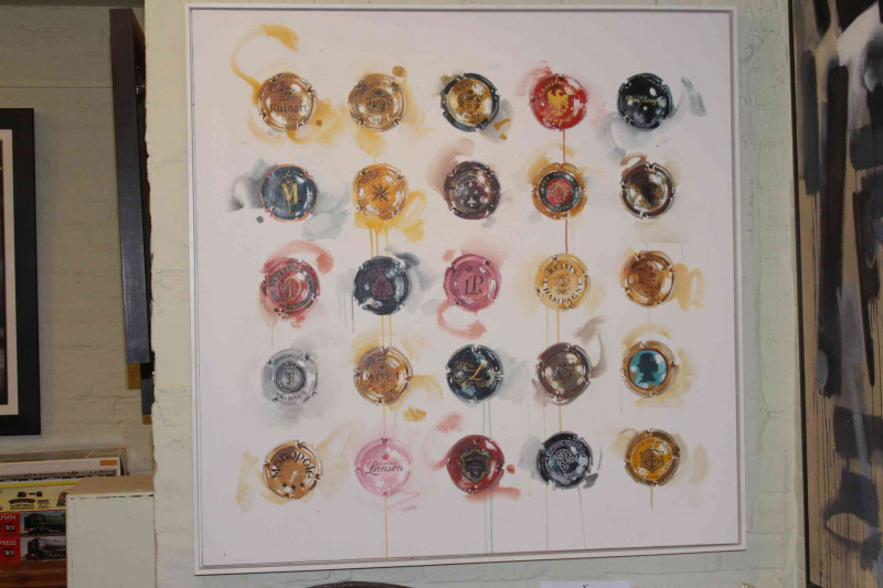 James Paterson (British living artist, b. 1977 in Darlington), 'Champagne, A Study of 25 Bottle Tops', acrylic, framed, canvas 122cm square.