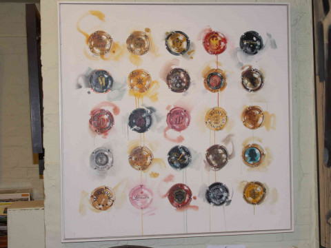 James Paterson (British living artist, b. 1977 in Darlington), 'Champagne, A Study of 25 Bottle Tops', acrylic, framed, canvas 122cm square. thumbnail