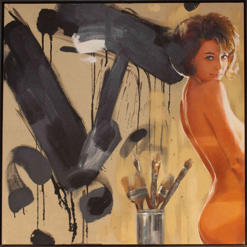 James Paterson (British living artist, b. 1977 in Darlington), 'Model Caught Leaving Canvas', acrylic, framed, canvas 76cm square.