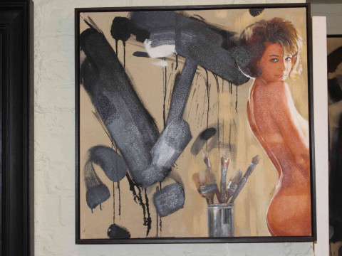 James Paterson (British living artist, b. 1977 in Darlington), 'Model Caught Leaving Canvas', acrylic, framed, canvas 76cm square. thumbnail