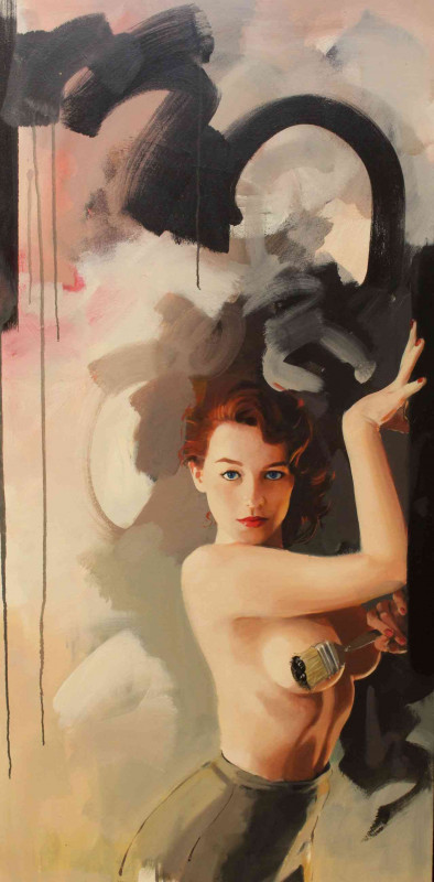 James Paterson (British living artist, b. 1977 in Darlington), 'The Surveyor and the Surveyed', acrylic, framed, canvas 140cm by 68cm.