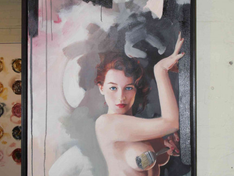 James Paterson (British living artist, b. 1977 in Darlington), 'The Surveyor and the Surveyed', acrylic, framed, canvas 140cm by 68cm. thumbnail