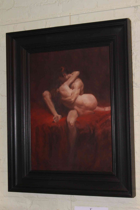 David Knight (British living artist), 'Nudes in Hold', acrylic, framed, canvas 72cm by 52cm.