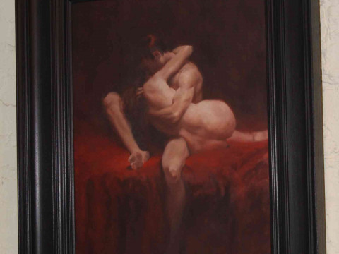 David Knight (British living artist), 'Nudes in Hold', acrylic, framed, canvas 72cm by 52cm. thumbnail