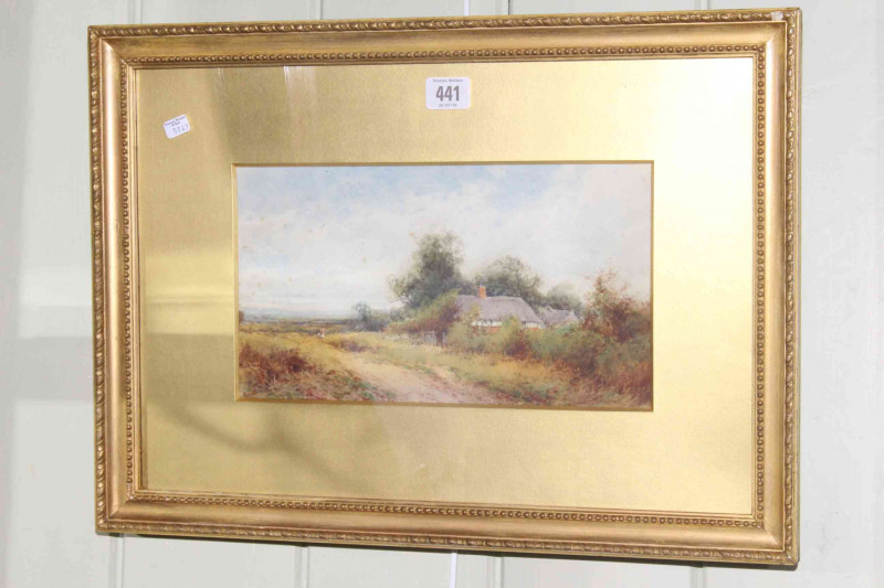 H. Sylvester Stannard (1870-1951), Cottage with Figures in the Background, watercolour, signed lower left, 16.5cm by 30cm, in glazed gilt frame. PLEASE NOTE THIS LOT IS SUBJECT TO ARR.