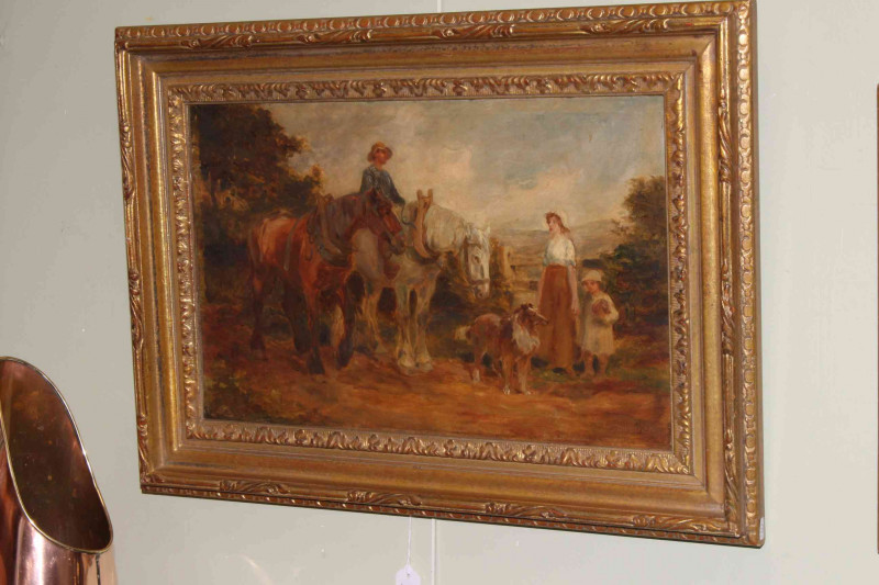 Philip Smith, Farm Hand and Two Horses with Mother and Child with their Dog Looking On, Edwardian oil on canvas, signed and dated lower right, 32cm by 50cm, in gilt frame.