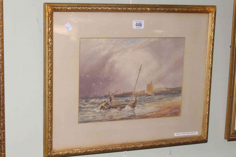 Anthony Vandyke Copley Fielding (1787-1855), Figures and Boats on a Choppy Seashore, watercolour, signed lower right, 22.5cm by 30.5cm, in glazed gilt frame.