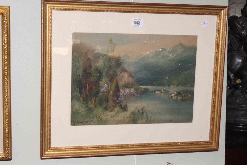 John Shapland (1865-1929), Lake Maggiori, Between Italy and Switzerland, watercolour, signed lower left, 25.5cm by 36cm, in glazed gilt frame.