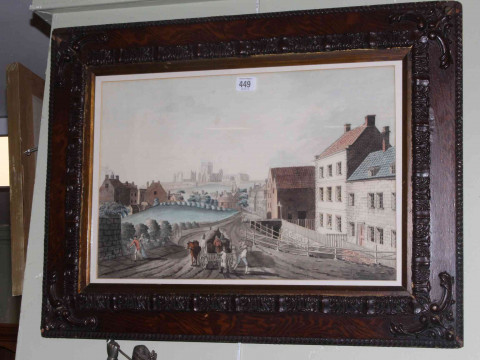 Naive watercolour of 19th Century Whitby, 32cm by 48.5cm, in glazed frame.